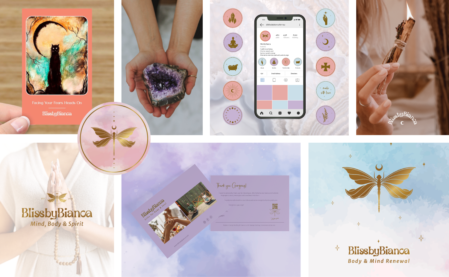 A collage of images related to BlissbyBianca, a wellness brand. It includes a tarot card titled "Facing Your Fears Heads On," a person holding a purple geode, a smartphone displaying the brand's Instagram profile, a hand holding palo santo, a logo fe