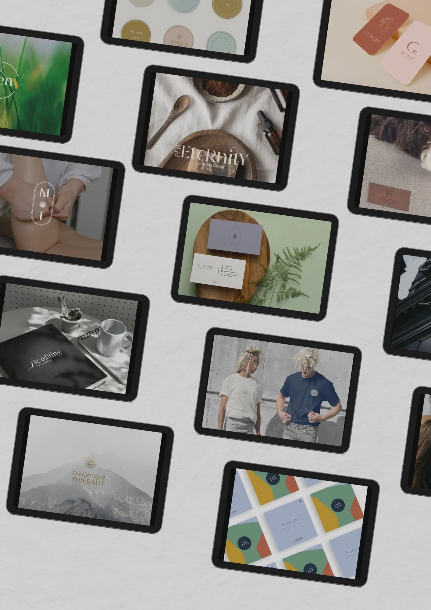 A collection of digital tablet screens displaying various images, including business cards, promotional photos, product shots, and branding materials, arranged on a light background.