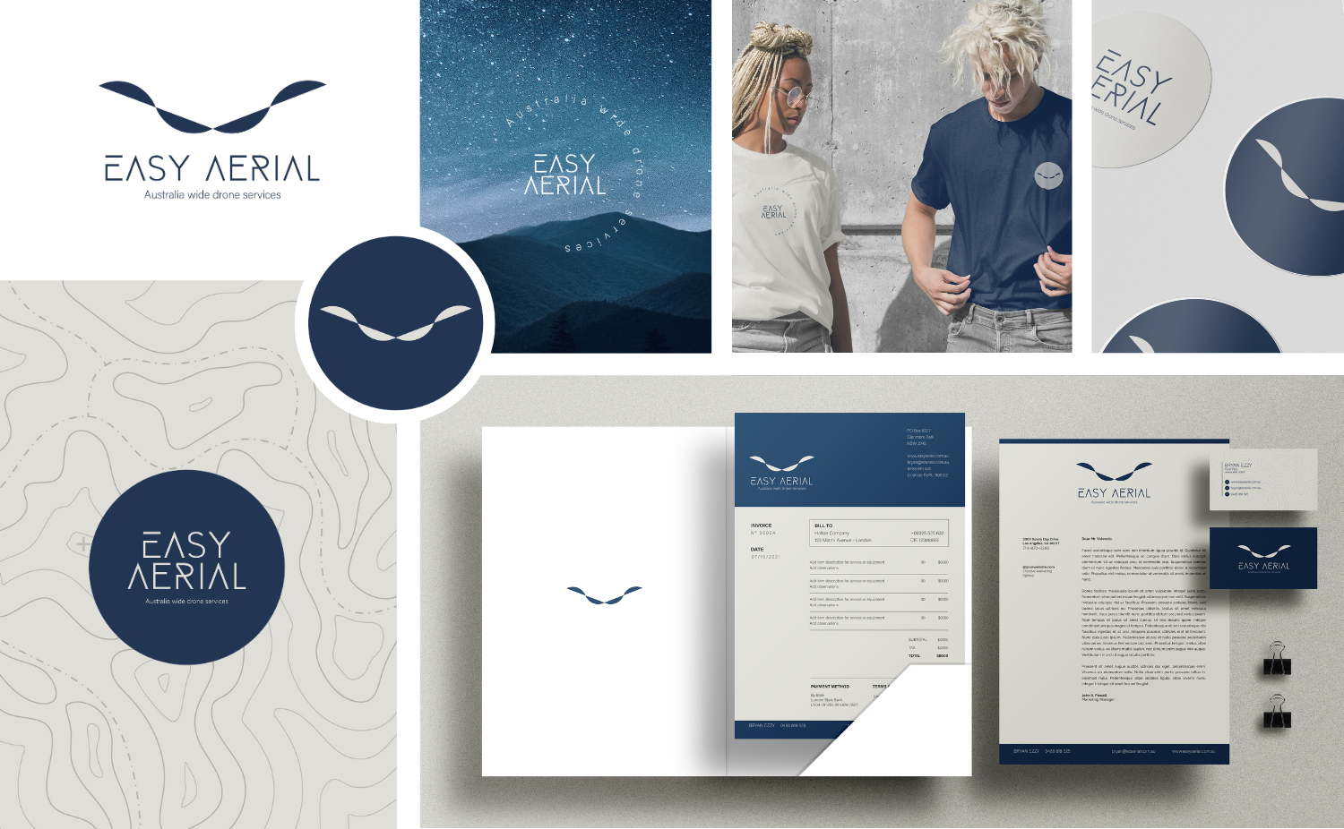 Branding and marketing materials for Easy Aerial, an Australia-wide drone service company, including logos, business cards, a brochure, invoices, and promotional images featuring drone branding, a starry night sky, and two models wearing company appa