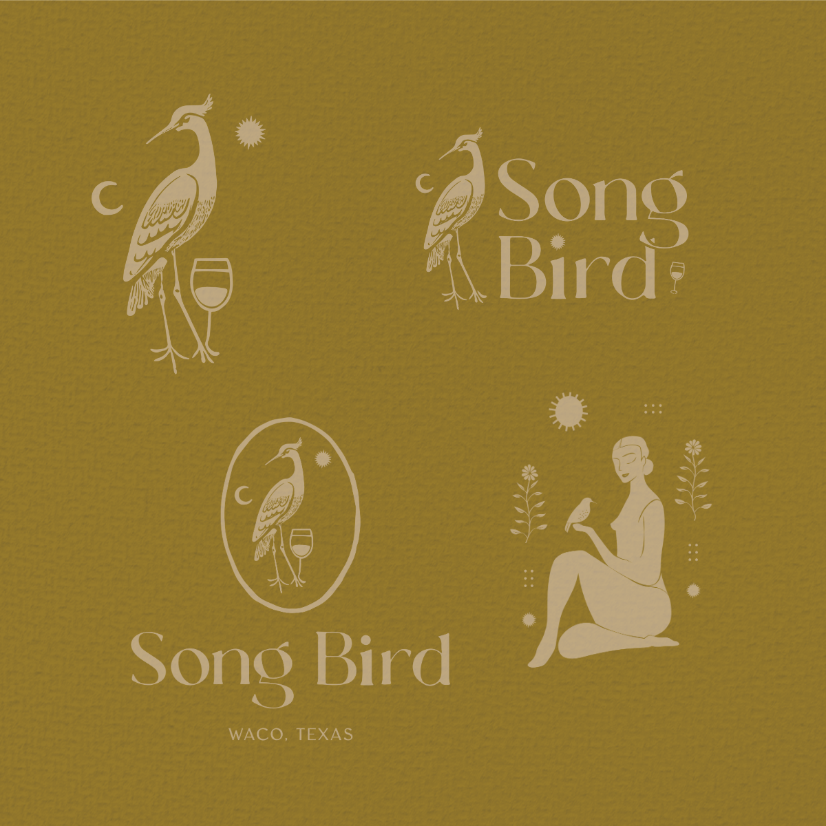 Design featuring illustrations of songbirds, a woman sitting with a bird on her arm, the words "Song Bird," and location "Waco, Texas" on a yellow background.