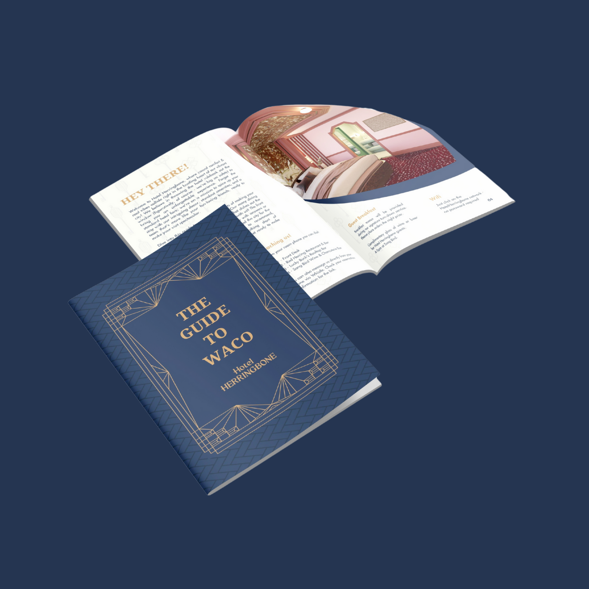 A blue booklet titled 'The Guide to Waco' and an open pamphlet featuring hotel information, interior photos, and text about the Herringbone hotel.