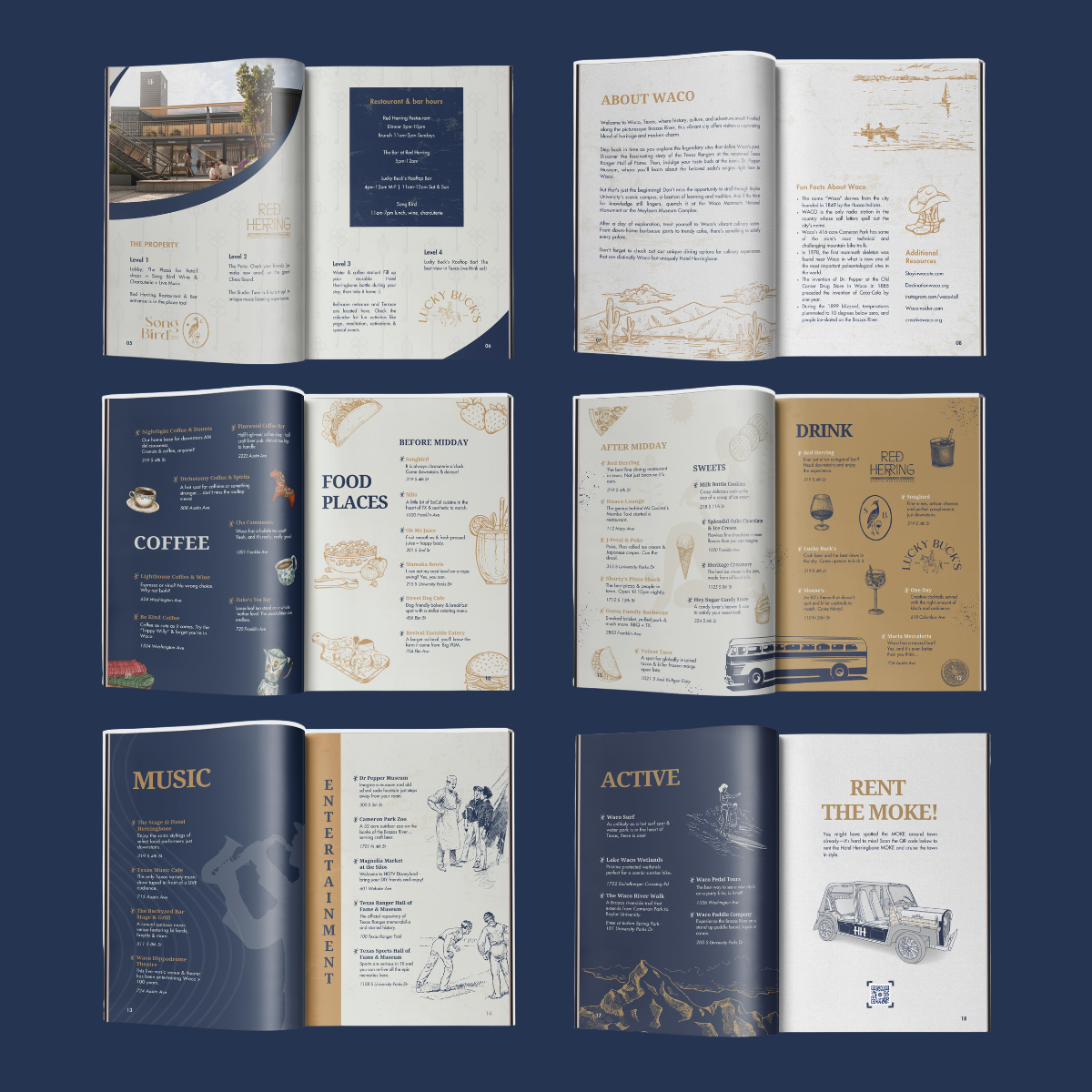 Open travel brochure featuring sections on property details, Waco town history, food places, entertainment, active activities, and rental information.