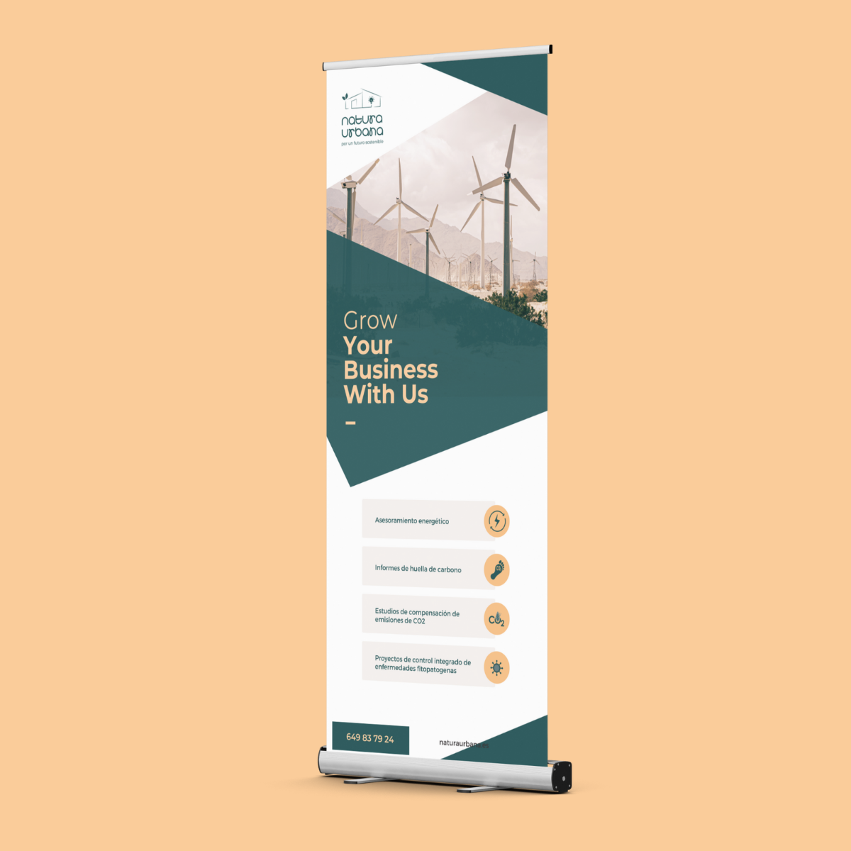 Vertical banner promoting sustainable energy solutions with a wind farm background, featuring the logos and contact information for Natura Urbana, with sections on energy assessment, carbon footprint reports, CO2 emissions compensation studies, and i