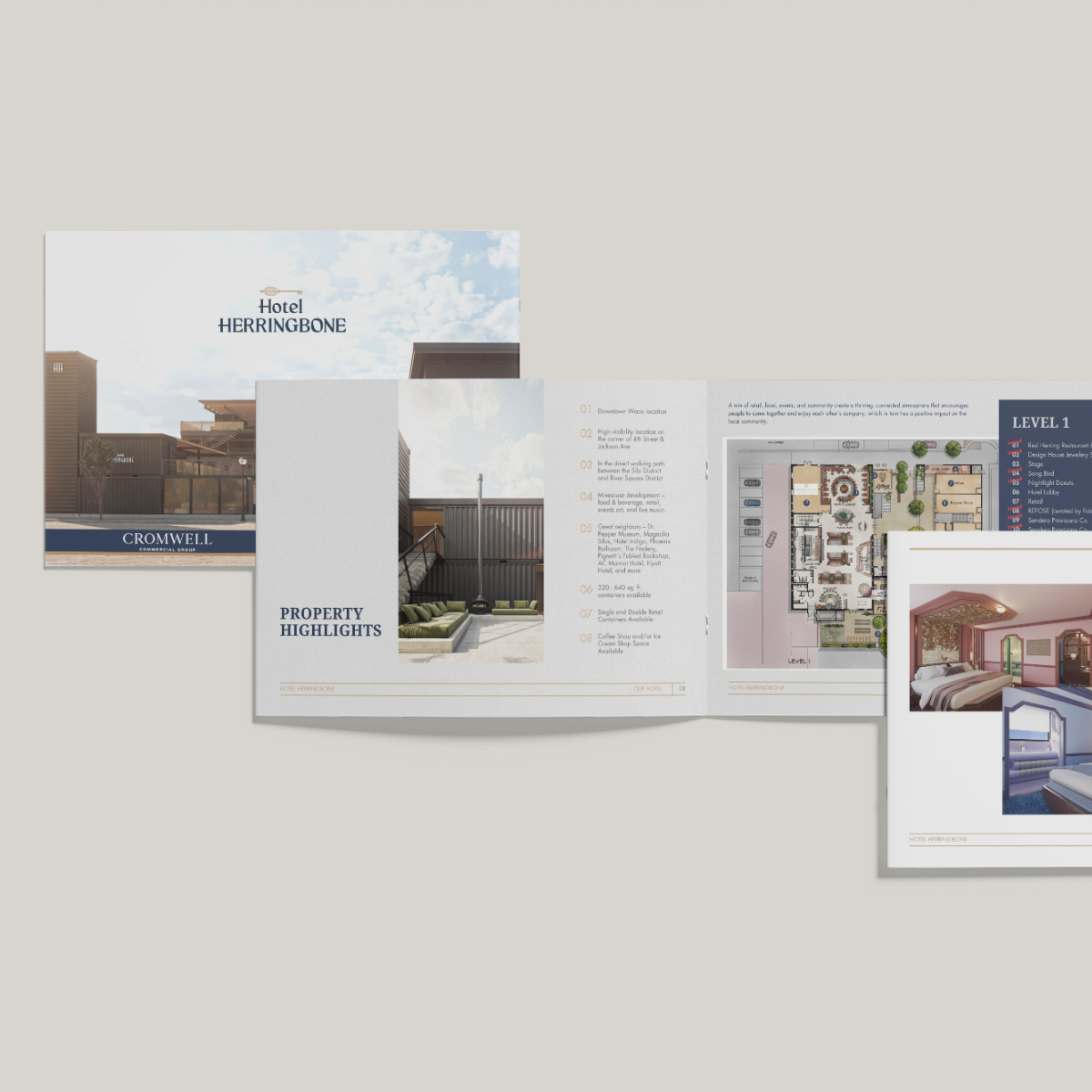 Brochures and layout plans for Hotel Herringbone, showing property highlights, floor plans, and amenities.