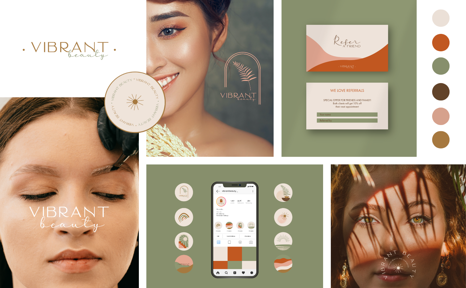 Design board featuring branding and marketing materials for Vibrant Beauty, including promotional images of women with makeup and skincare, logo designs, business cards, social media profile and posts, color palette, and referral program details.