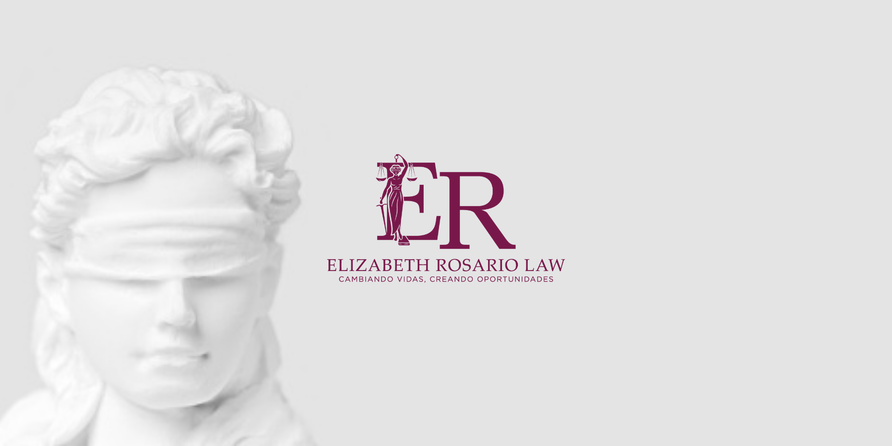 A white marble sculpture of a woman with braided hair, partially visible on the left side, with the logo and text for Elizabeth Rosario Law on the right side, featuring a stylized lady holding scales.