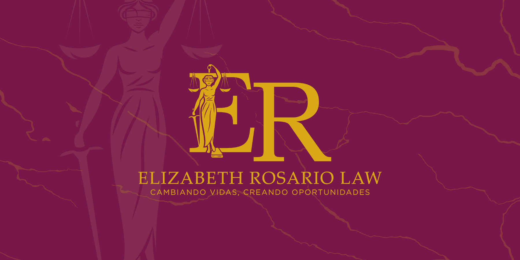 Business card or promotional graphic for Elizabeth Rosario Law featuring a stylized illustration of Lady Justice, with a purple background and gold text reading 'ER Elizabeth Rosario Law Cambiando Vidas, Creando Oportunidades'.