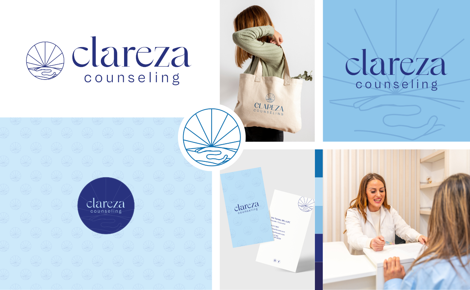 Branding and marketing materials for Clareza Counseling, including logos, a tote bag, business card, and a consultation in session, all featuring a circular logo with a stylized sunrise and hand