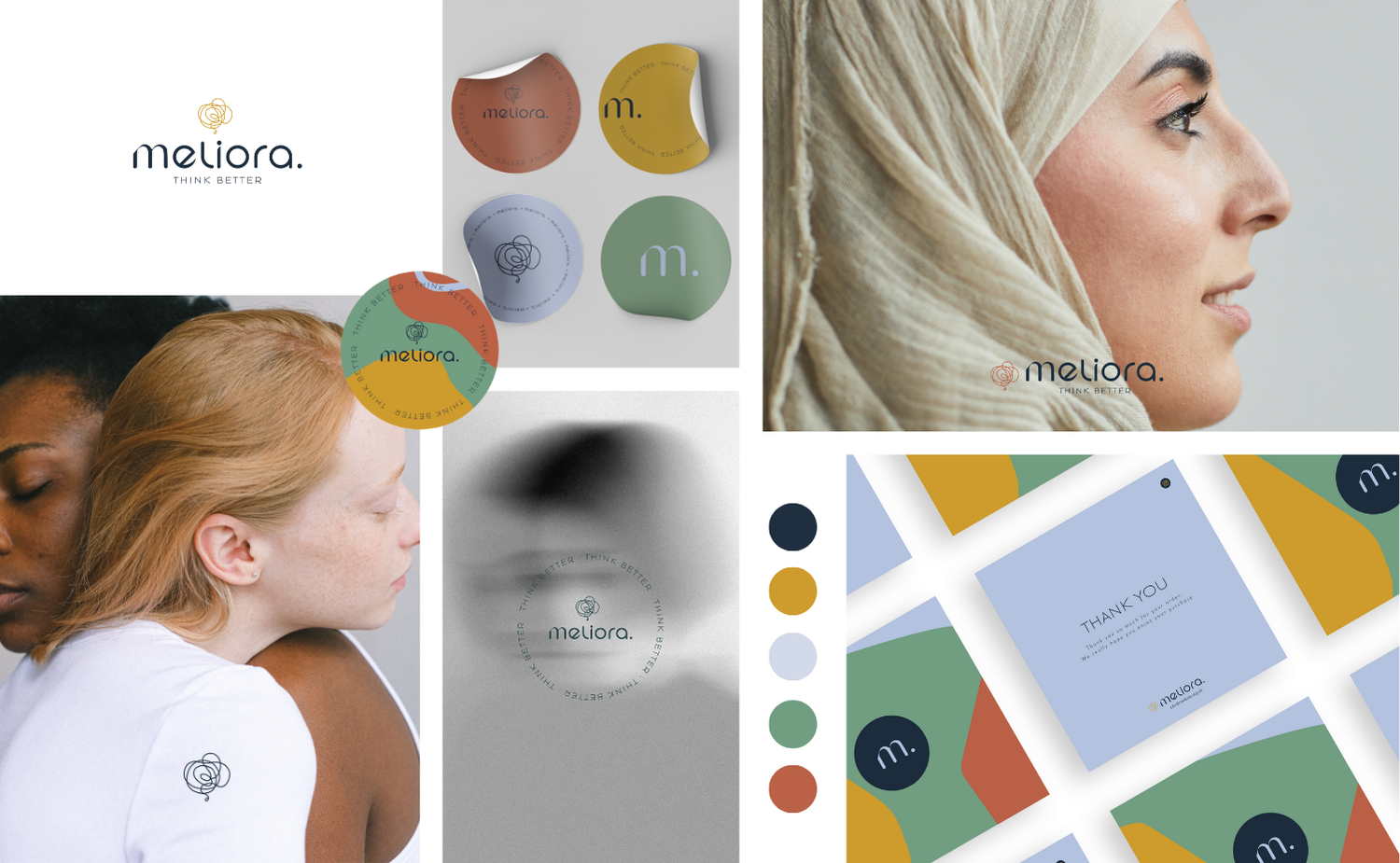 Collage of branding images for Meliora, a wellness brand, including logo variations, product packaging, diverse people with calm expressions, and a thank you card, featuring a color palette of subdued earth tones and abstract patterns.