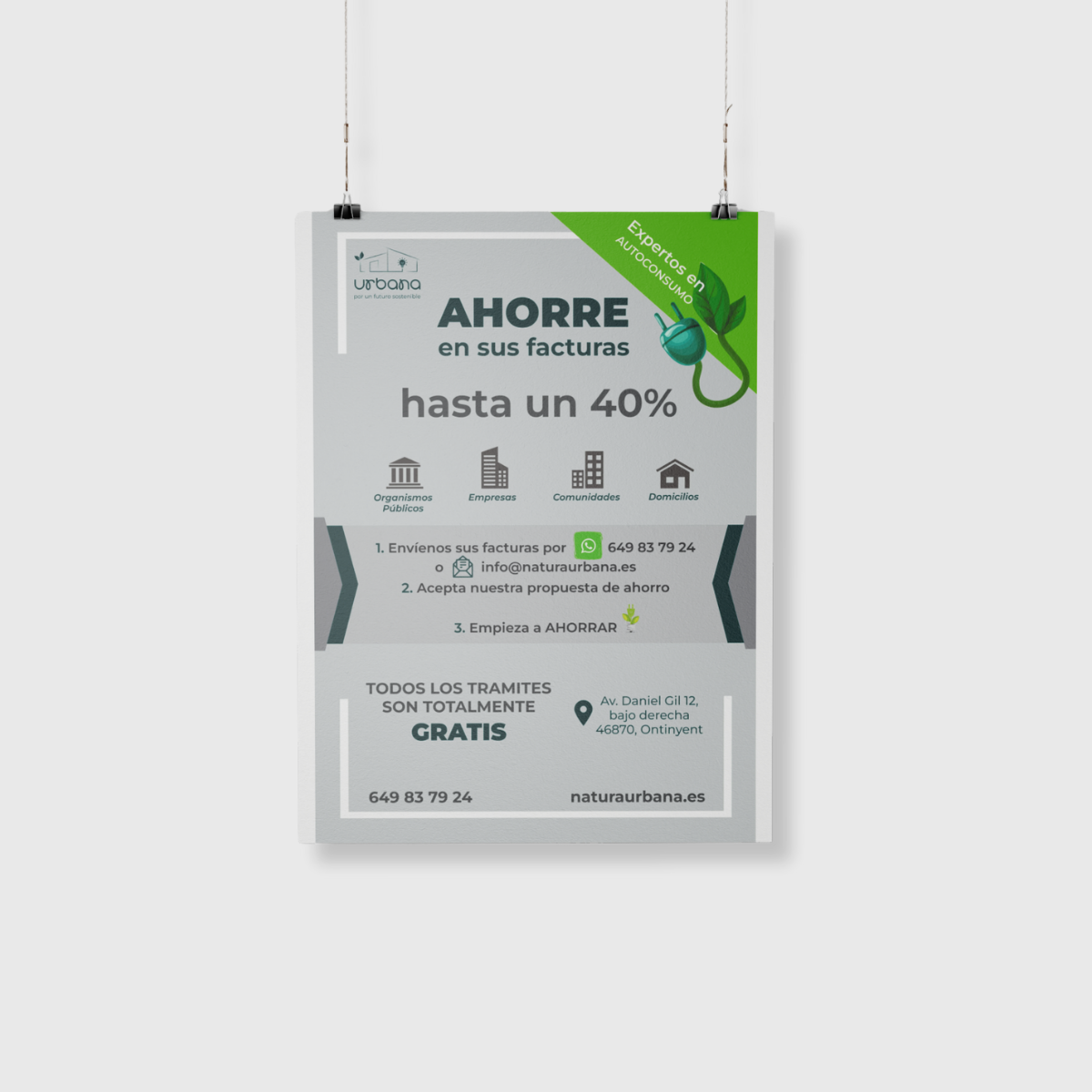 Flyer advertising savings of up to 40% on bills for public organizations, companies, communities, and households, with contact information and free process.