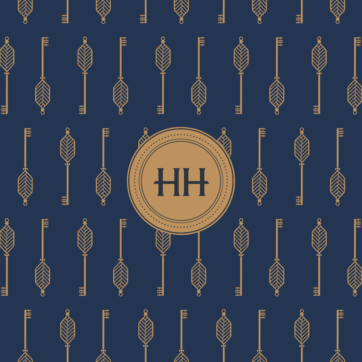 A navy blue background with a repeating pattern of gold arrow designs and a gold circular emblem in the center containing the initials 'HH'.