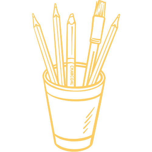 Illustration of a pencil holder containing various pencils and pens.
