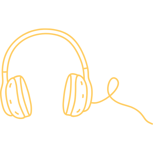 Line drawing of a pair of headphones in gold on a black background.