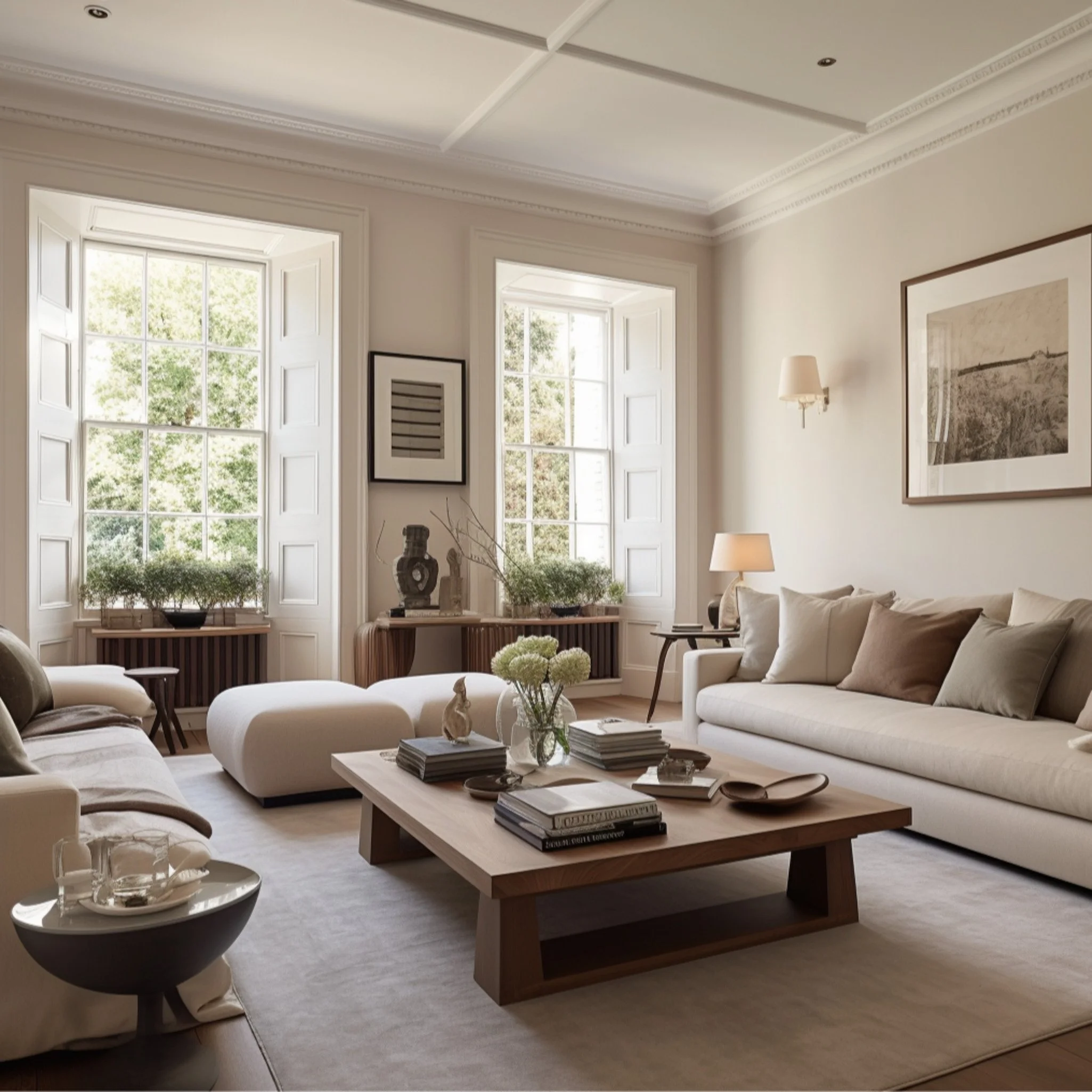 A living room with large windows, white walls, and a beige sofa with multiple pillows. There is a wooden coffee table with books and decorative items, a white ottoman, and side tables with lamps. Artwork and plants are displayed on the walls and windowsills.
