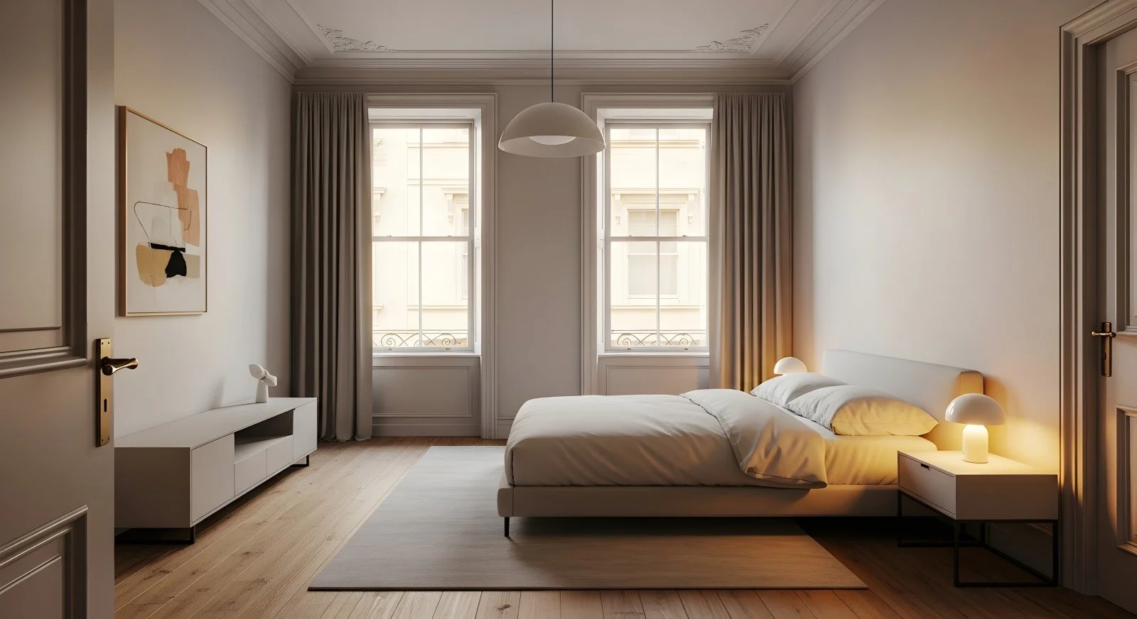 A well-lit bedroom with a large bed, side tables with lamps, two tall windows with curtains, and modern artwork on the wall.