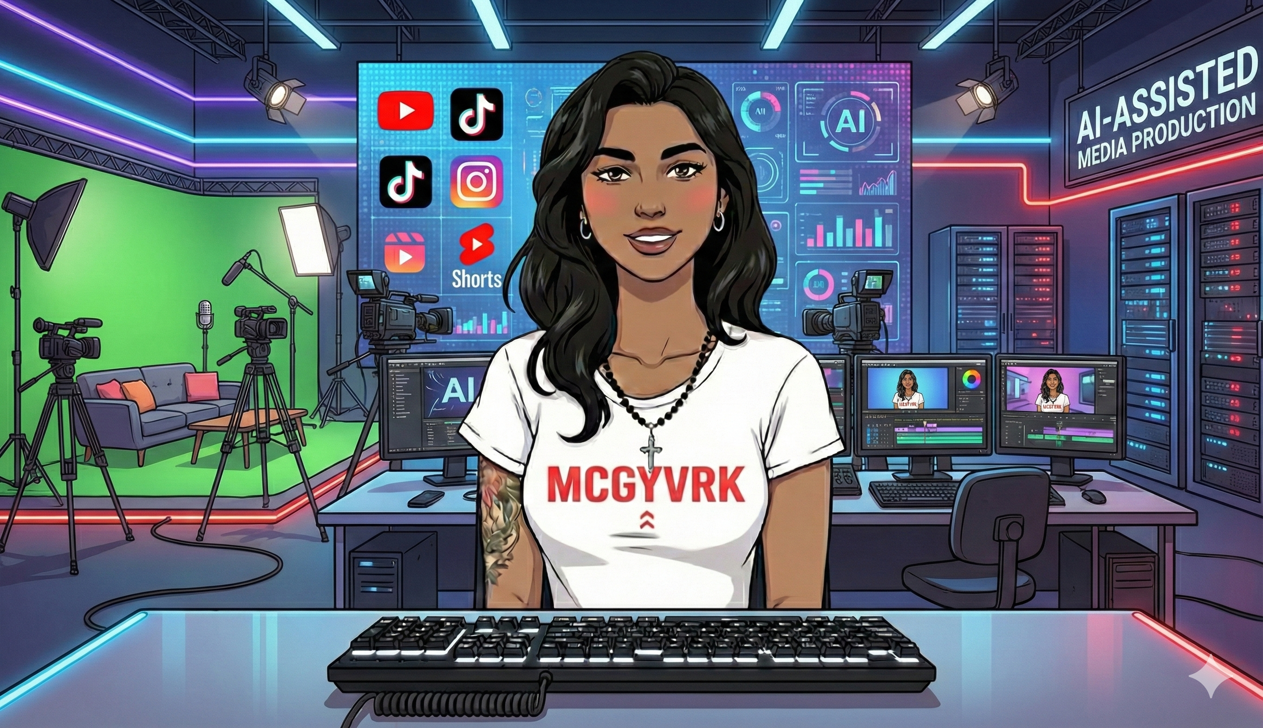 Digital illustration of a woman with long dark hair in a TV studio or media production set, surrounded by cameras, computers, and lighting equipment. She is smiling and wearing a white t-shirt with red text, and is in front of a keyboard and monitor. The backdrop includes screens with social media icons, data graphs, and signs reading "AI-ASSISTED MEDIA PRODUCTION." A green screen and room lights are also visible.