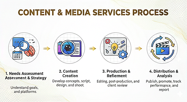 Flowchart of Content & Media Services Process, including Needs Assessment, Content Creation, Production & Refinement, and Distribution & Analysis.