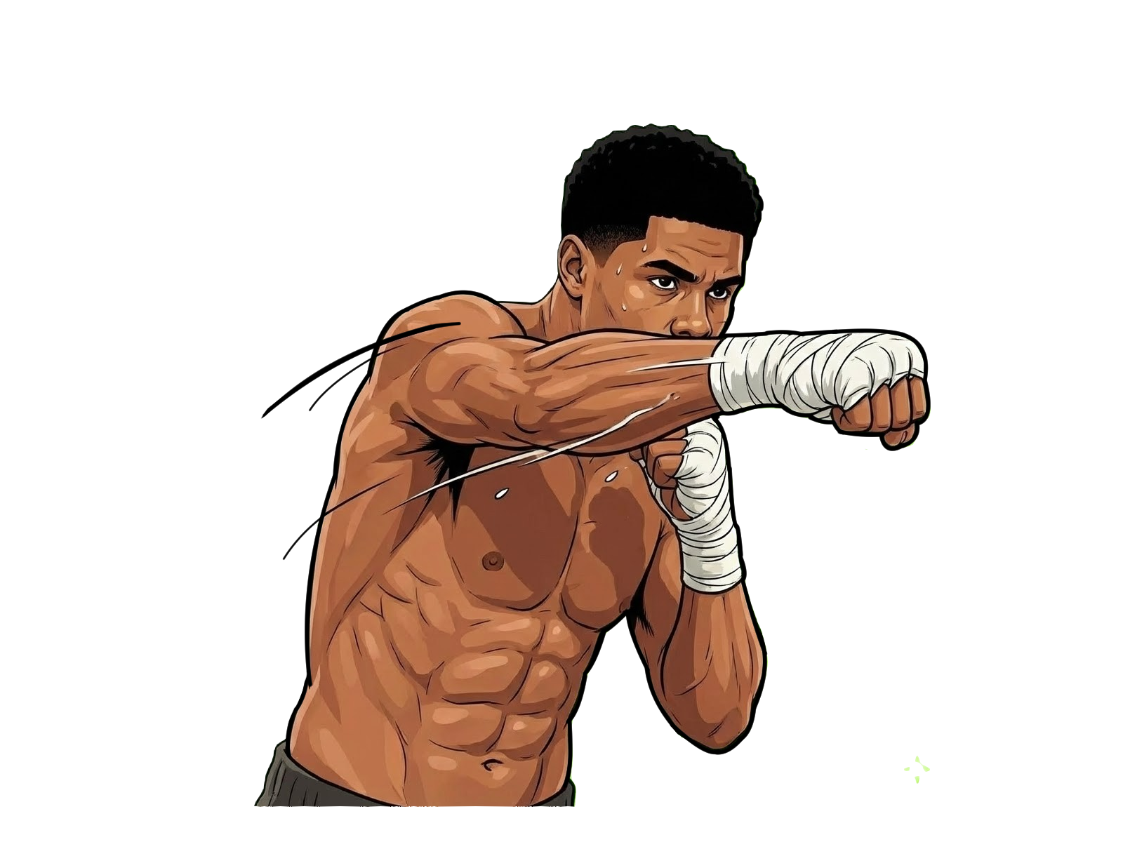 Illustration of a male boxer in a fighting stance, with his arm extended and wrapped in white hand wraps, against a black background.