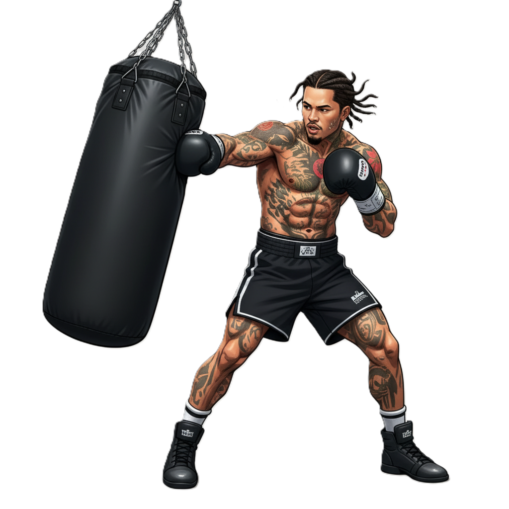 A muscular man with tattoos on his arms, chest, and legs is practicing boxing with a punching bag. He is wearing black boxing gloves, black shorts, and black boxing shoes, and has dreadlocked hair.