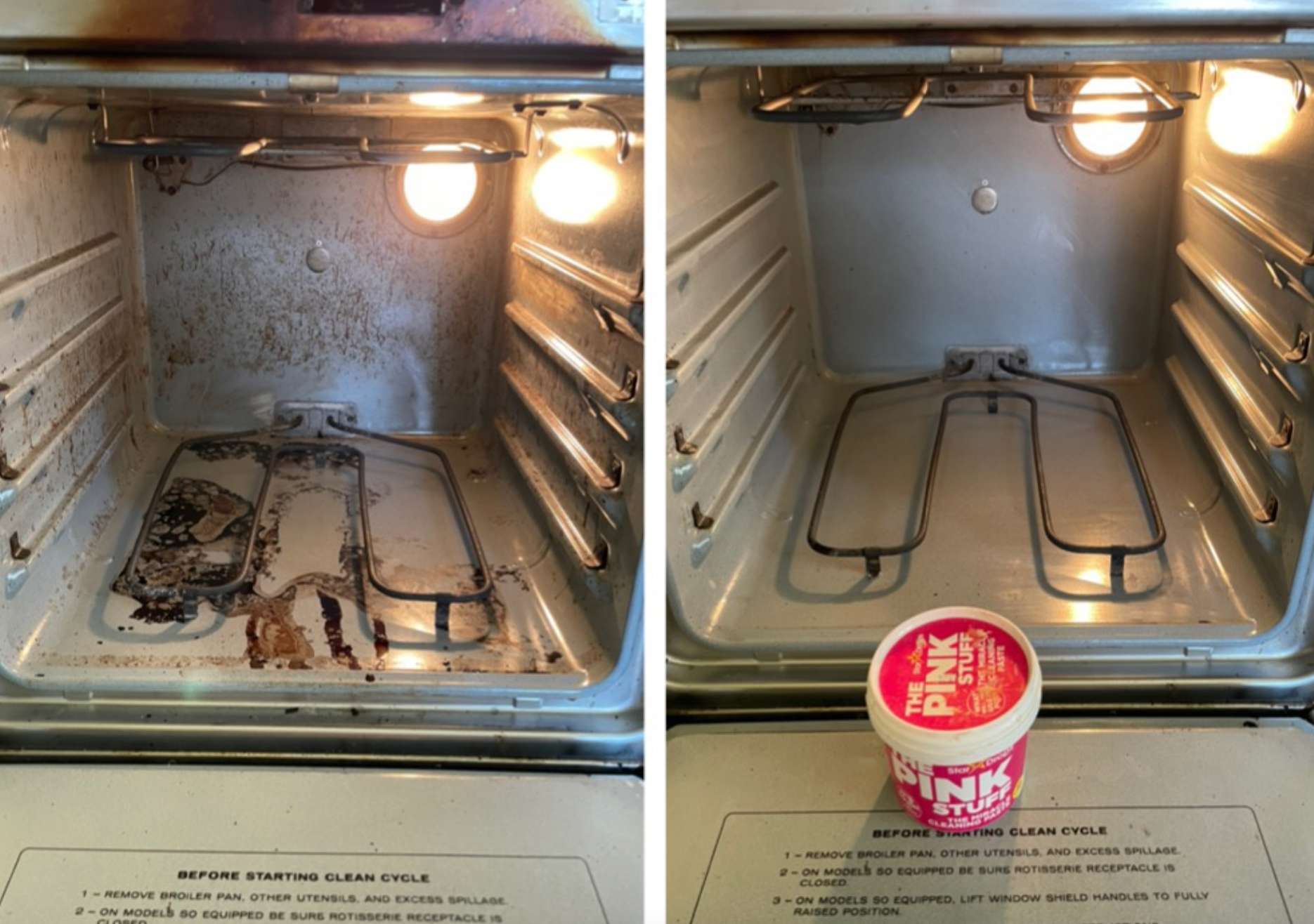 Comparison of an oven interior before and after cleaning, showing dirt and grime removal, with a tub of cleaning product in front of the cleaned oven.