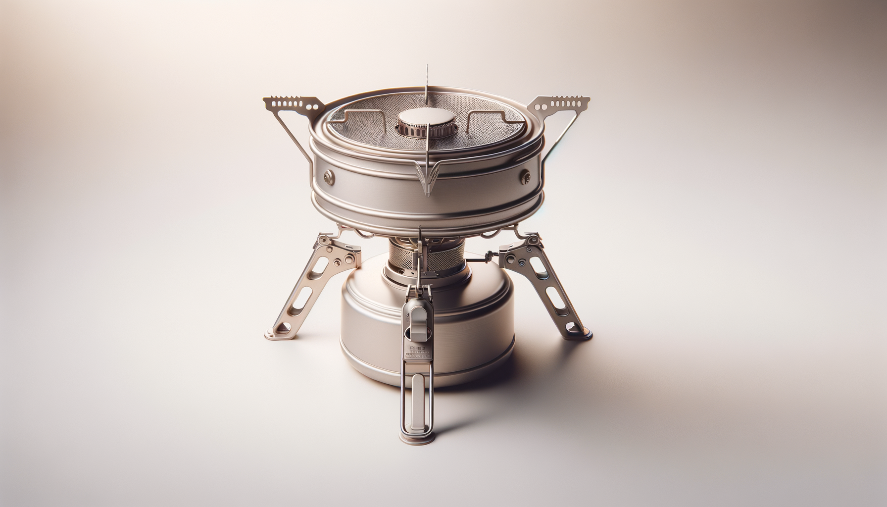 Estufa de campaña portátil de color plateado con patas ajustables y una superficie de cocción circular.