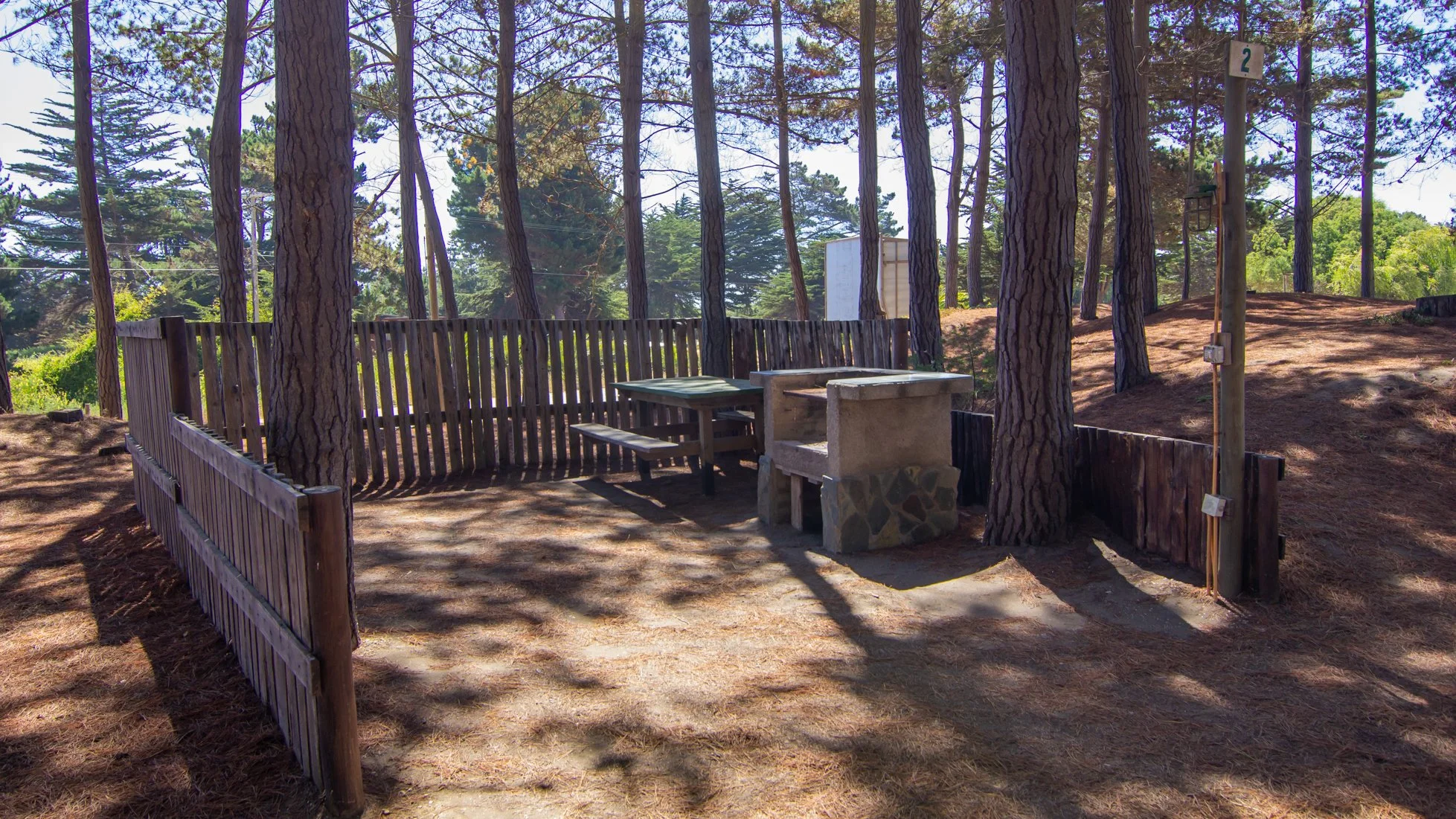 Área de picnic rodeada de árboles con mesa, bancos y barbacoa de piedra.