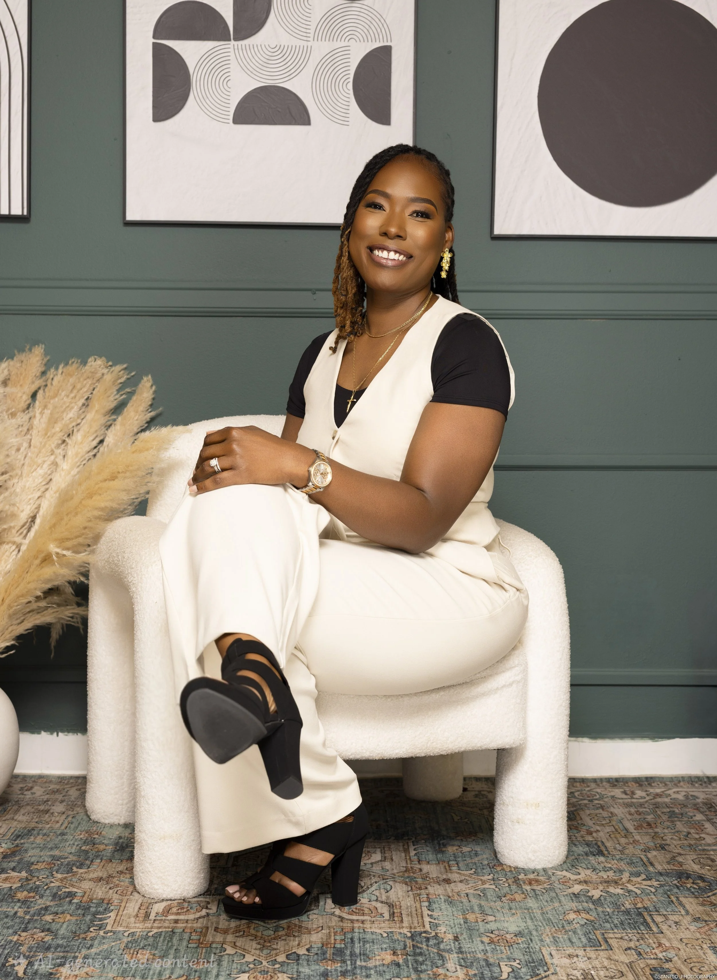 A woman with dreadlocks sitting on a white chair, wearing a black top with a cream-colored vest and pants, black high heels, and gold jewelry, smiling in an indoor setting with modern art and pampas grass in the background.