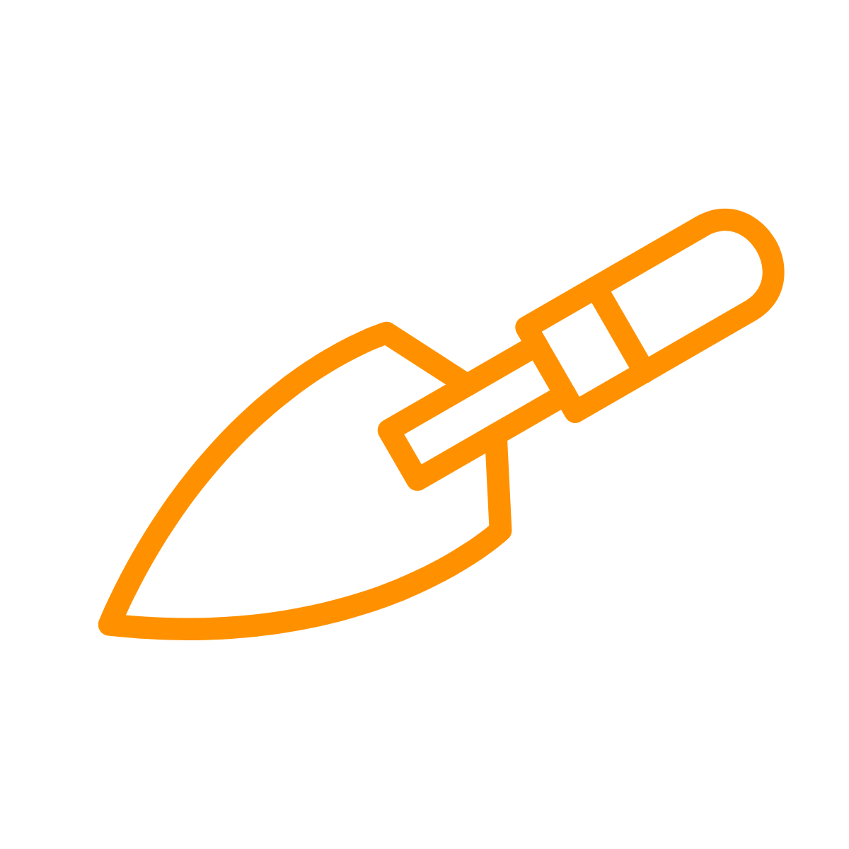 An orange outline of a hand holding a trowel, used for gardening or planting.
