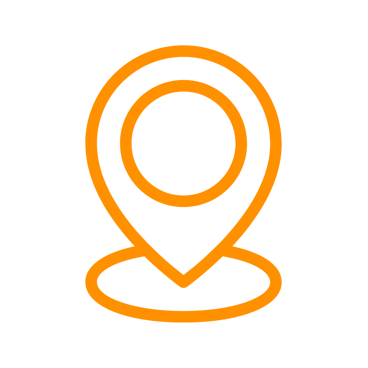 Orange map pin icon on black background.