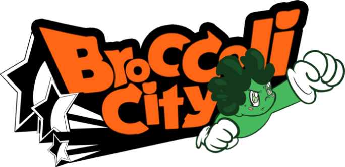 Cartoon broccoli character with a fist punching through the words "Broccoli City" in orange text.
