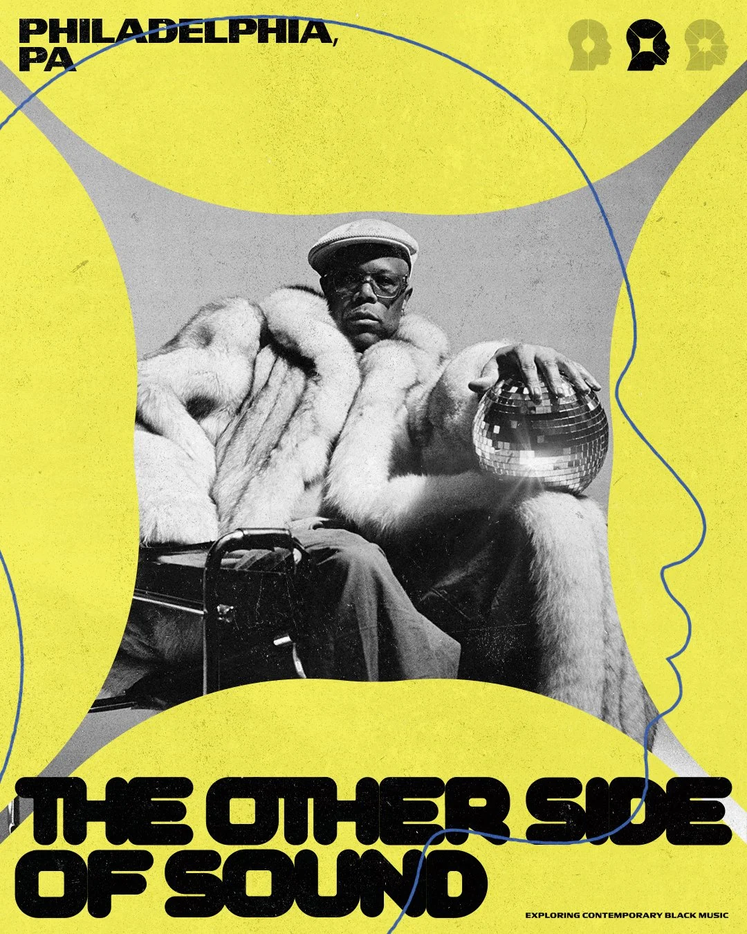 A black and white photo of a person wearing a fur coat and a cap, holding a disco ball, with a yellow background featuring text that reads 'The Other Side of Sound' and 'Philadelphia, PA'.