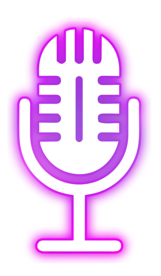 Neon sign of a vintage microphone with purple glow.