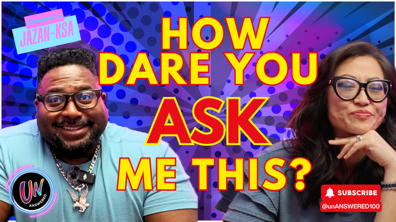 Thumbnail of a video titled "How Dare You Ask Me This?" featuring two people, a man on the left and a woman on the right, both wearing glasses. The background is vibrant with blue, purple, and pink colors, and includes text and graphic elements.