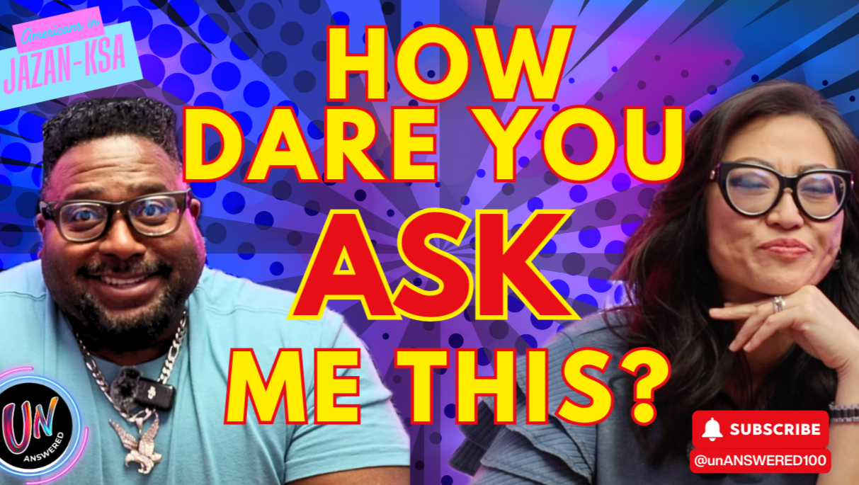 Thumbnail for a video or show titled "How dare you ask me this?" featuring two people, a man on the left with glasses and a woman on the right with glasses, both smiling. The background has vibrant purple and blue colors with comic-style dot patterns. There is a logo in the bottom left corner and a red subscribe button in the bottom right corner.