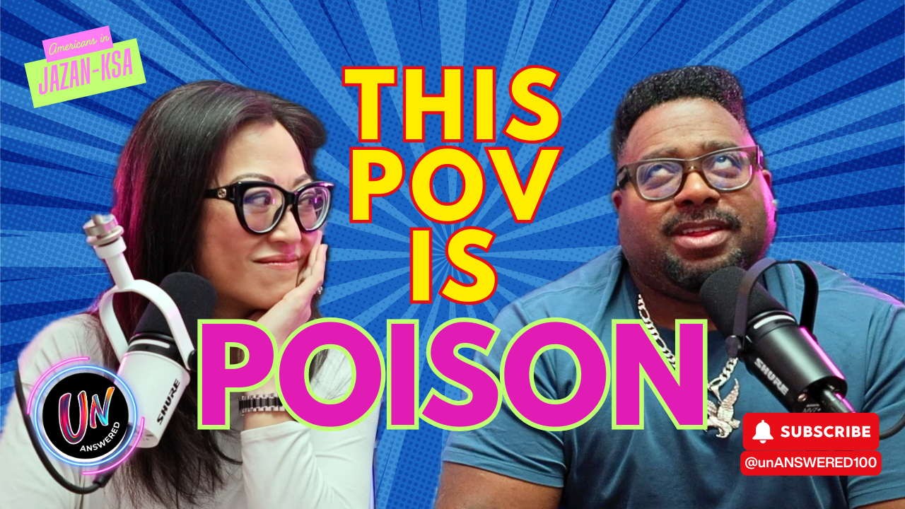 A woman and a man are sitting at microphones with headphones on, in front of a colorful background with blue rays. The woman has long dark hair, glasses, and is resting her head on her hand, smiling. The man has short curly hair, glasses, and is looking up with a smile. The image includes bold text in yellow and purple that reads "This Pov Is Poison," with a small badge in the top left corner that says "Jazan-ISA" and a red subscription button on the bottom right corner.