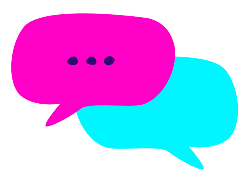 Two overlapping speech bubbles, one pink with three black dots, and one blue.