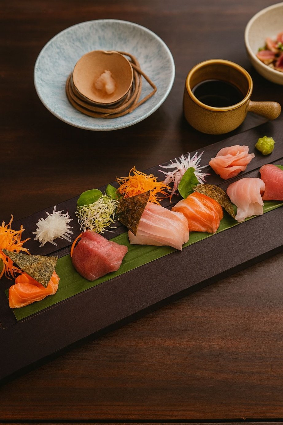 Sashimi platter with slices of raw fish, accompanied by wasabi, pickled ginger, and garnishes, along with a bowl of soy sauce and a small plate of dipping sauce.