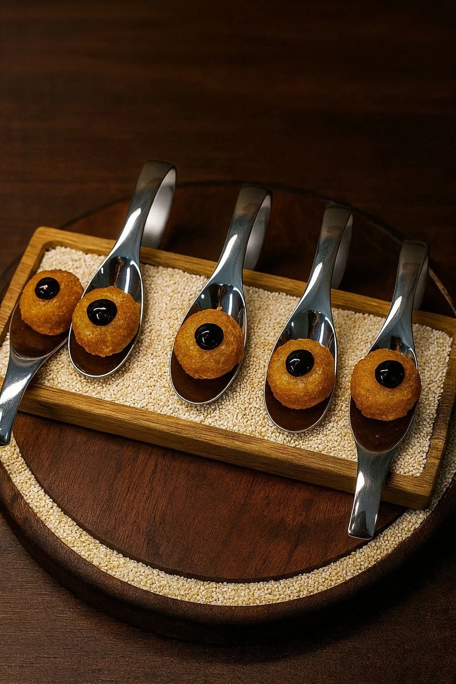 Five spoons with fried appetizer balls topped with black sauce, arranged on a wooden tray lined with white granules.