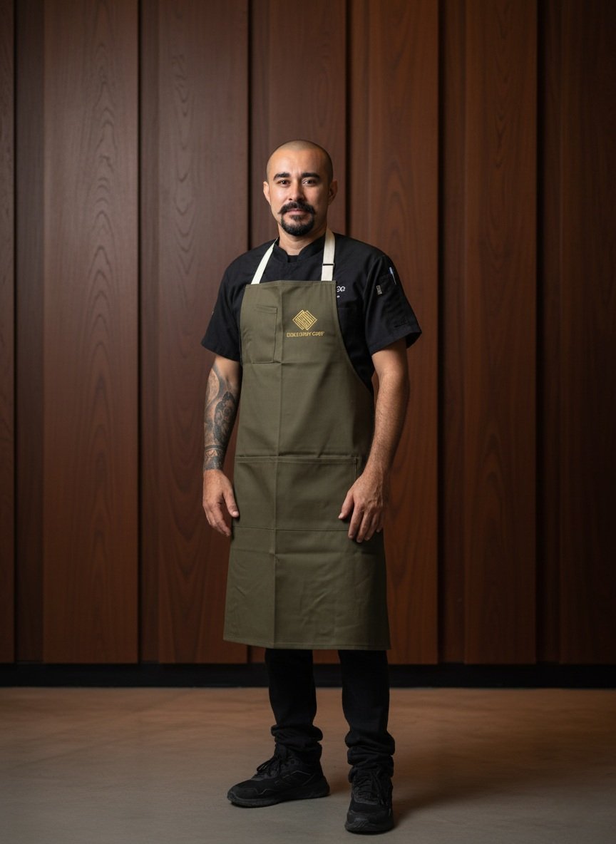 A man with a beard and tattoos wearing a black chef's uniform and a green apron standing in front of a wooden wall.