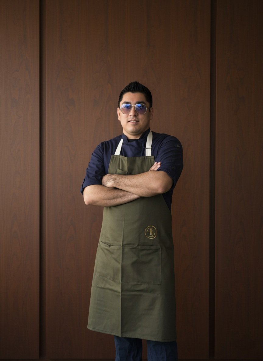 A man standing with crossed arms, wearing sunglasses, a dark-colored chef's coat, and a green apron, in front of a wooden wall.