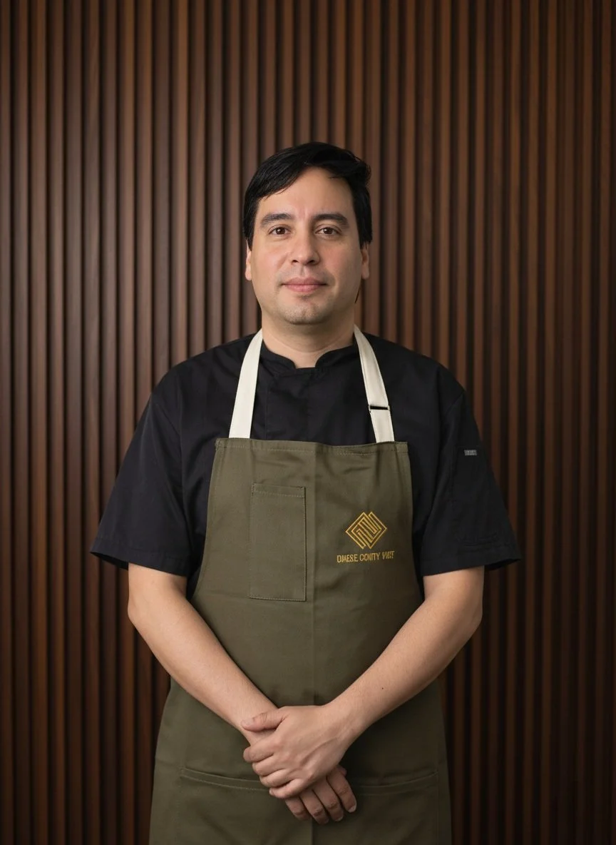 A man in a black chef's coat wearing a green apron with the text 'Dane County WHT' stands against a wooden panel background.