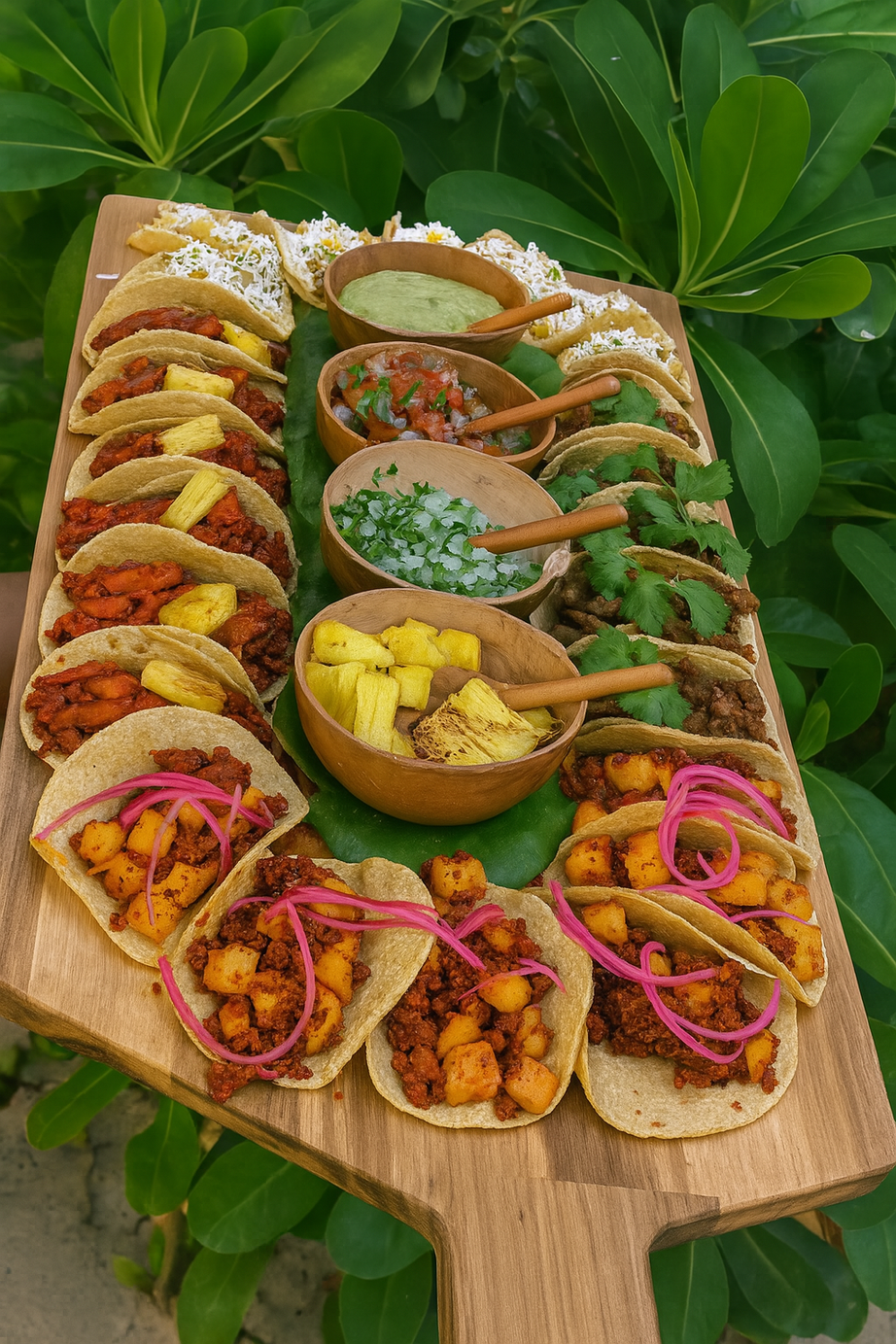 A wooden platter of authentic Mexican street tacos with various fillings, accompanied by small bowls of green sauce, pico de gallo, chopped onions, and sliced grilled pineapple, garnished with cilantro and pickled red onions, on green leaves.