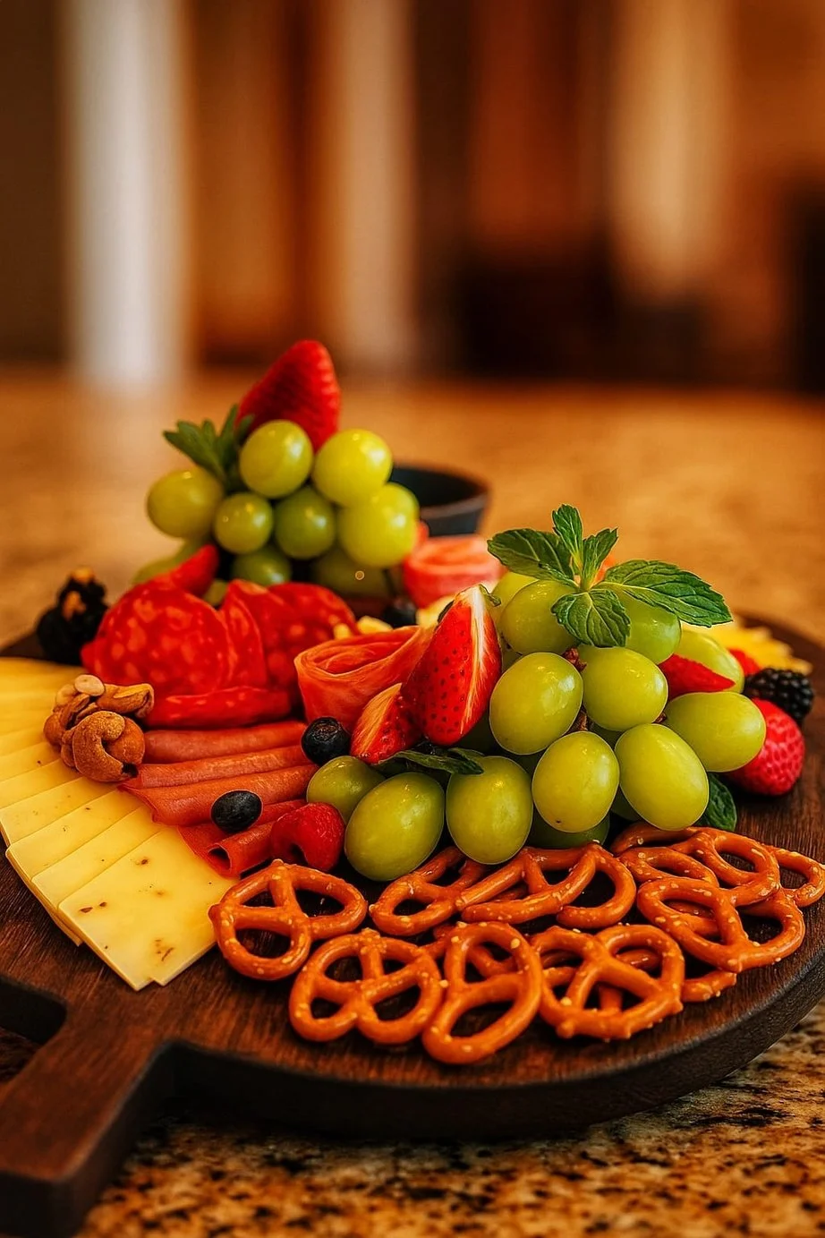 A cheese and charcuterie board with grapes, strawberries, pretzels, cheese slices, and assorted meats.