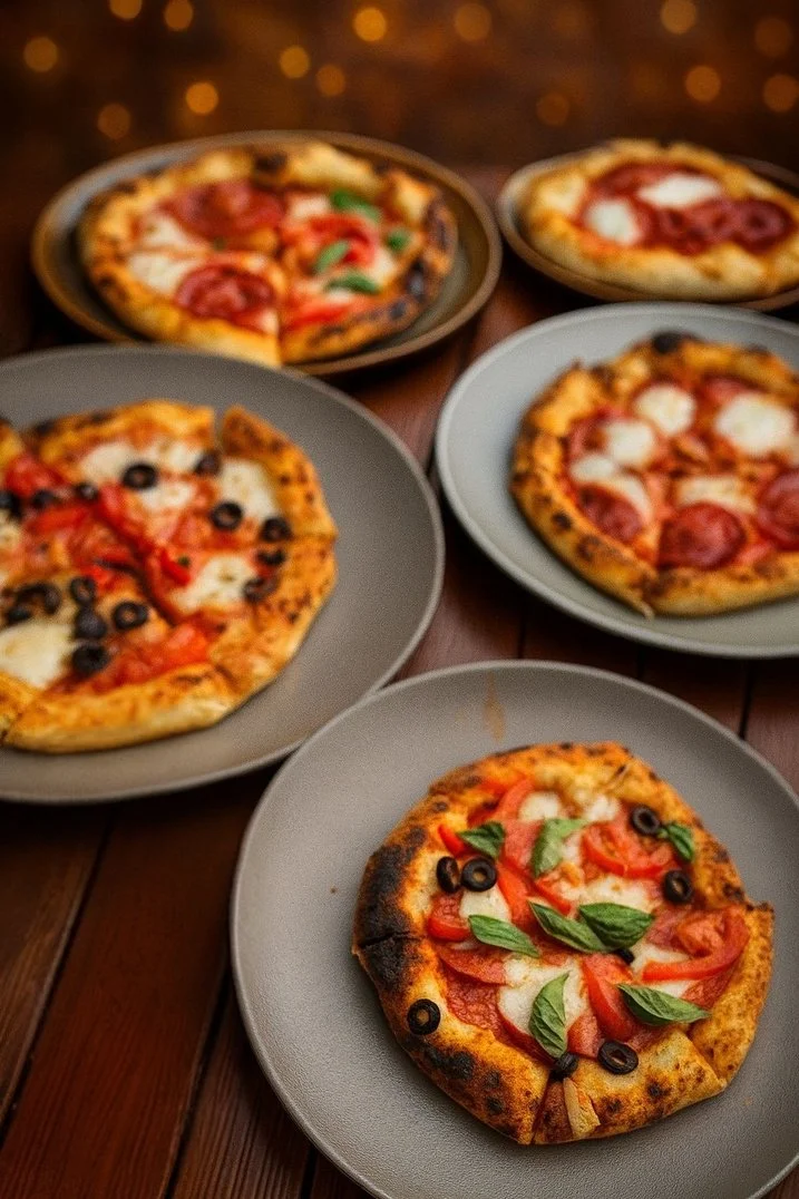 Five plates of pepperoni margherita and black olive pizzas on a wooden table with a warm background.