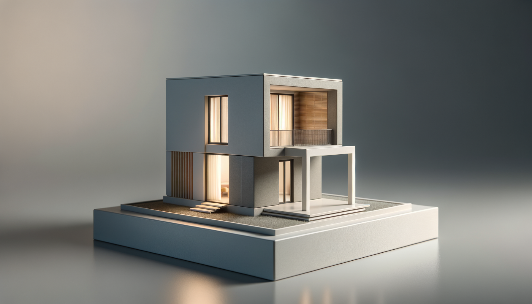 An architectural model of a modern, two-story house with large windows, a balcony, and a minimalist design, placed on a white base with steps leading up to the entrance.