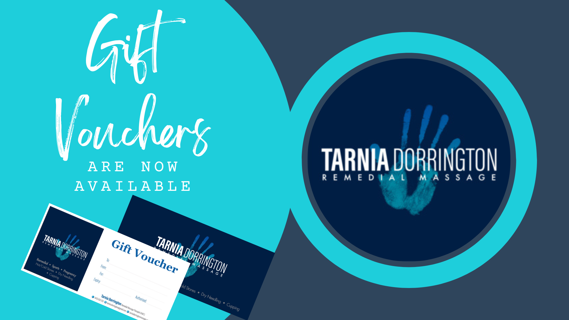 A promotional graphic for Tarnia Dorrington Remedial Massage featuring gift vouchers now available, with the clinic's logo, a handprint, and a gift voucher certificate.