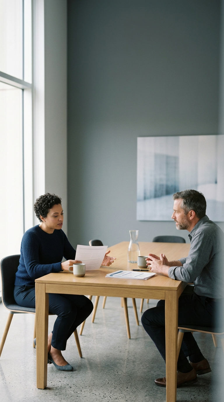 A woman and a man having a discussion at a table in a modern office, with documents, coffee mugs, and a pitcher on the table.
