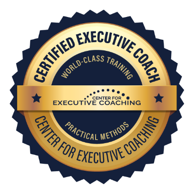 Seal badge with text announcing certified executive coach with center for executive coaching, practical methods, and world-class training.