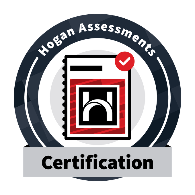 Hogan Assessments certification badge with a stylized document icon, a red checkmark, and text indicating certification from Hogan Assessments.