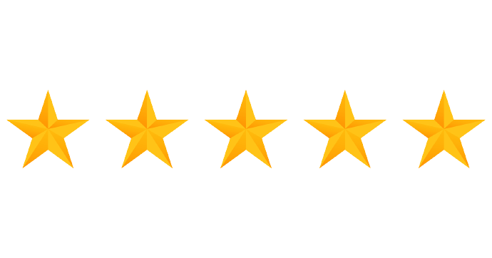 Five gold stars in a row, representing a five-star rating.